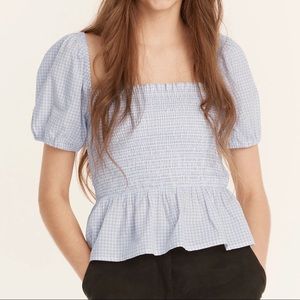 J Crew New Squareneck smocked cotton voile top in gingham plaid puff sleeves